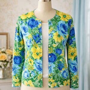 Lands End Floral Cardigan Womens Large 14 16 Supima Cotton Blue Green
